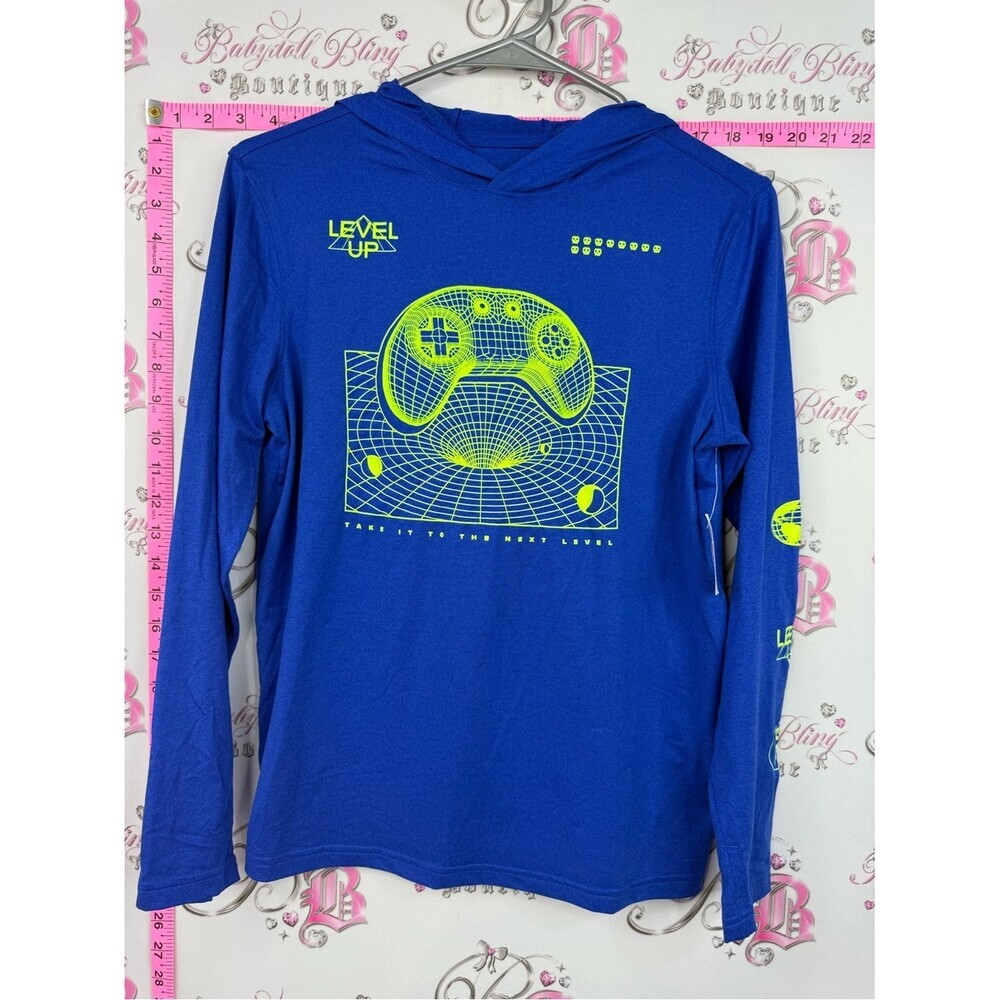 Old Navy Boys Long Sleeve Hoodie Tee in Royal Blue with Neon Yellow Graphic NEW